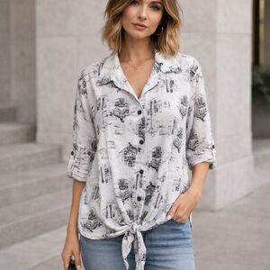Naïf for Anthropologie Illustrated Tie-Front Button Down Top Size L